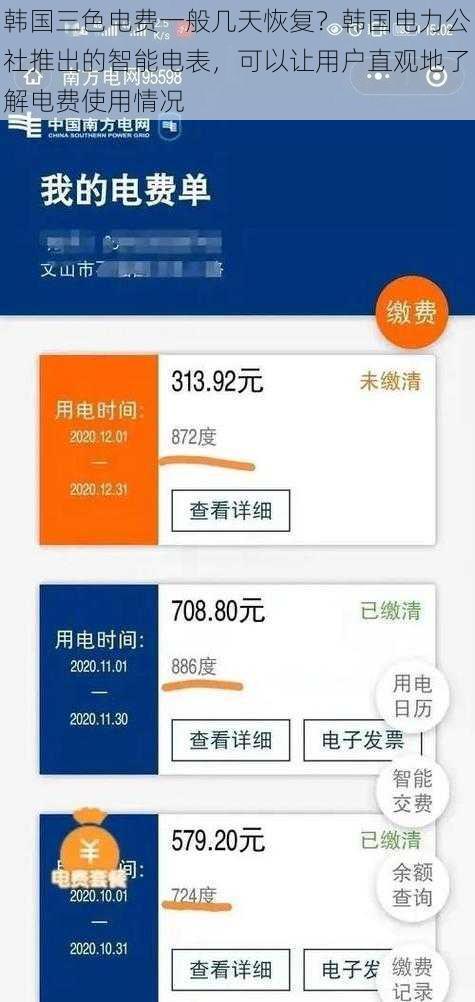 韩国三色电费一般几天恢复？韩国电力公社推出的智能电表，可以让用户直观地了解电费使用情况