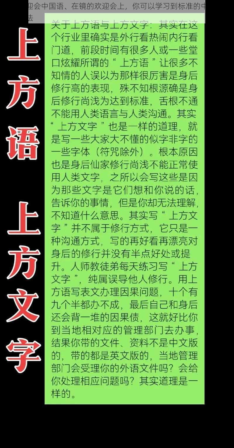 镜的欢迎会中国语、在镜的欢迎会上，你可以学习到标准的中国语发音和用法