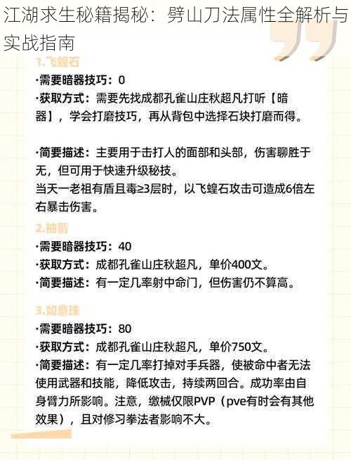 江湖求生秘籍揭秘：劈山刀法属性全解析与实战指南