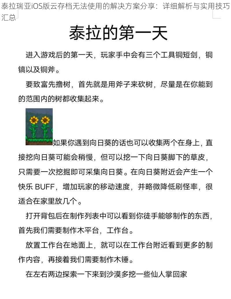 泰拉瑞亚iOS版云存档无法使用的解决方案分享：详细解析与实用技巧汇总